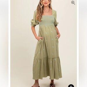 Pink Blush Smocked Embroidered Maternity Midi Dress